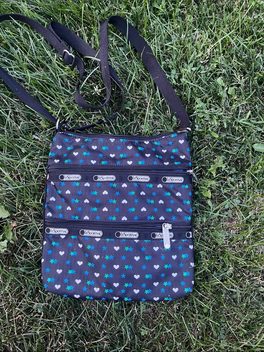 Lesportsac Black Crossbody with Blue & Teal Heart and Star Print